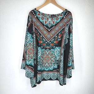 New Directions Womens Boho Paisley Bell Sleeve‎ Tunic Top Stretch Knit Floral
